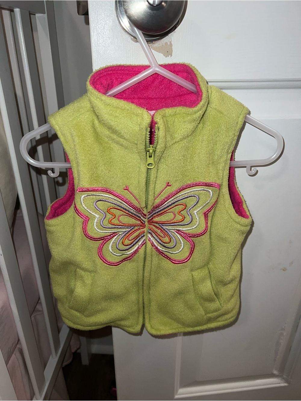 Girls' Lime Green Butterfly Fleece Vest - Pink Lining